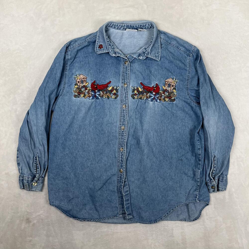 Vintage Bobbie Brooks Shirt Womens XL Blue Denim Cardinal Birdhouse Embroidered